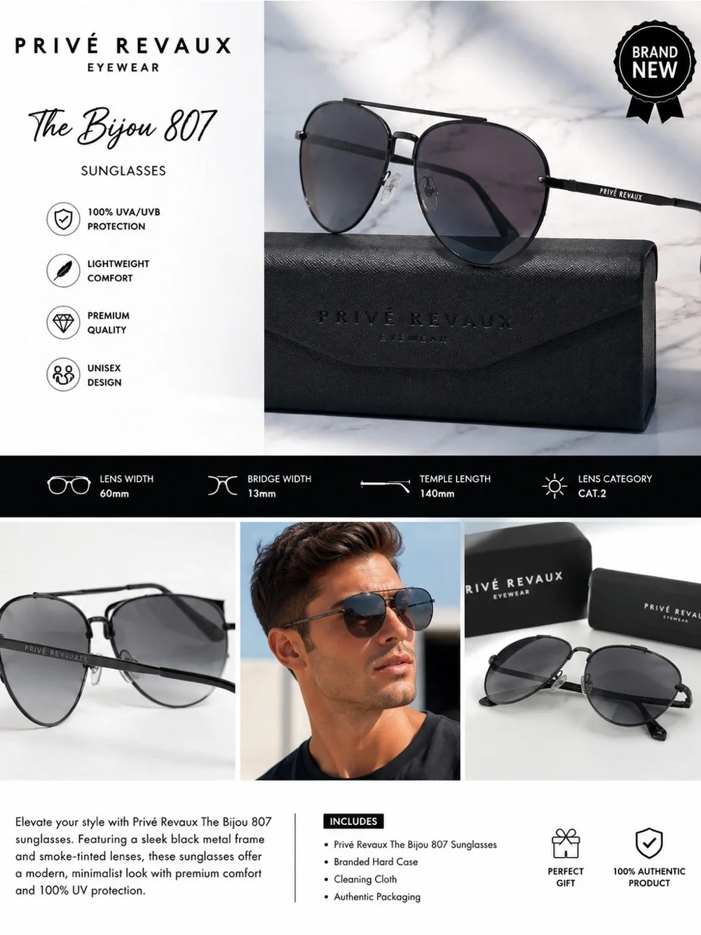 Privé Revaux The Bijou 807 Black Aviator Sunglasses
